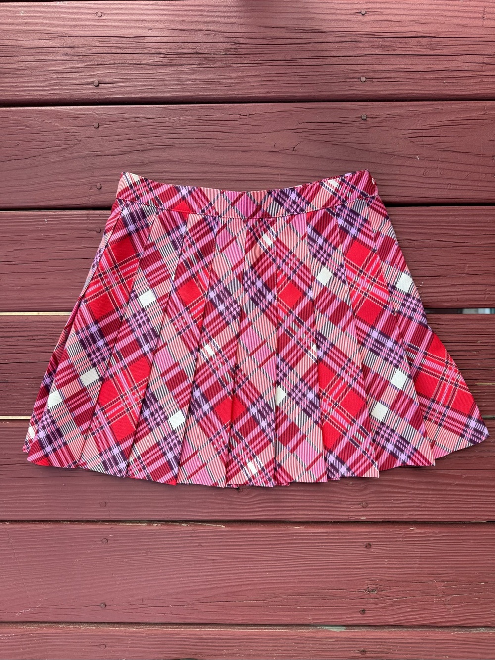 American Apparel Pink and Red Plaid Pleated Mini Skirt